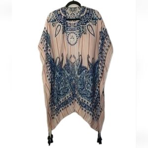 Y2k Boho Fringe Tassels Kimono Pailsey Striped Pink Blue Woman OS Beach Cover-up
